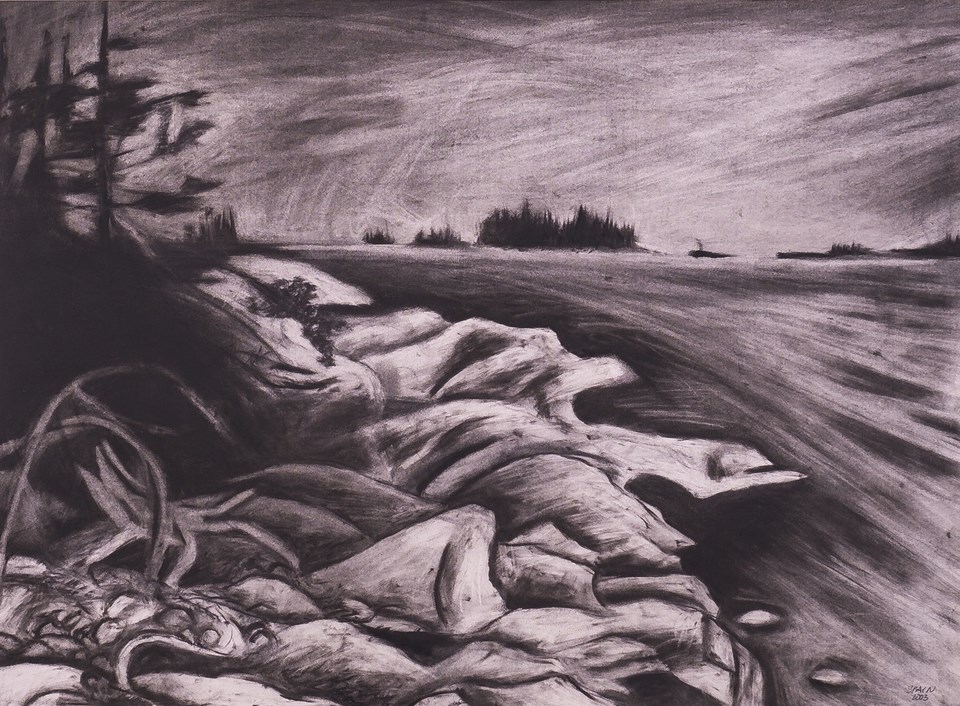 Artist's drawing of a lake shore scene
