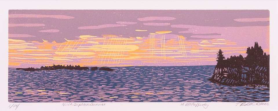 Artist rendition of a north superior sunrise. Sun dappled water shimmers to a horizon lit by the sun that has set. A small island with trees sits on right edge.