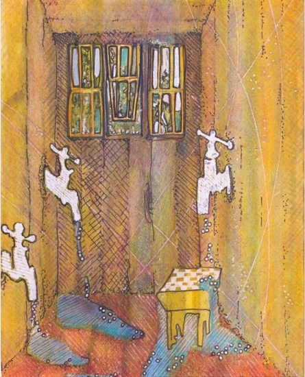 Artwork shows the inside of a house with three faucets running. A window is in the background and a small bench is below a faucet