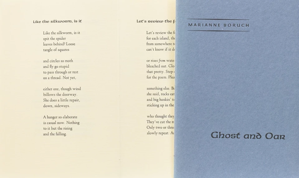 "Ghost and Oar" Cover by Marianne Boruch A photo shows a page of poetry and a book cover