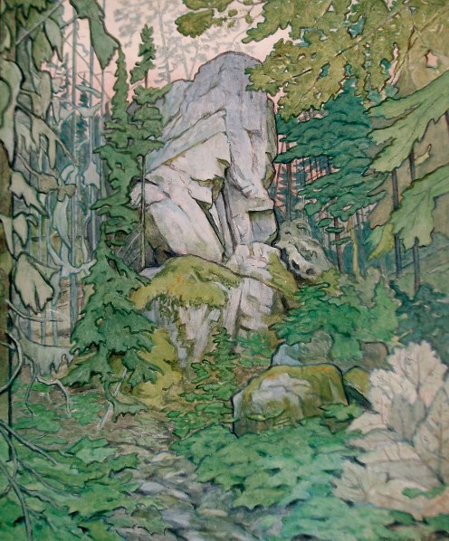 A painting shows a large rock surrounded by vegetation in the forest