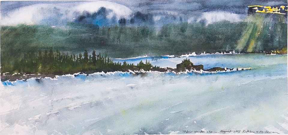 An artist's work shows a lake scene