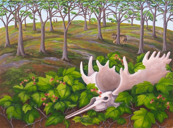 Artist's Oil painting shows a moose skull with wolf in background