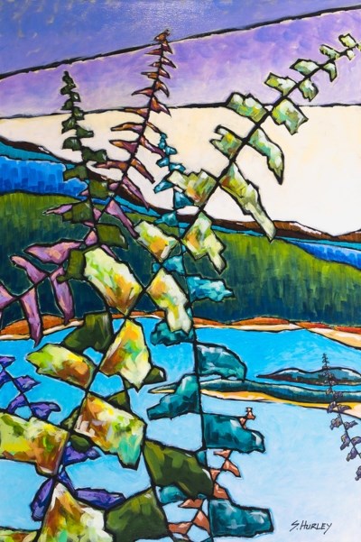 Artwork shows a colorful lakeshore view from a high overlook