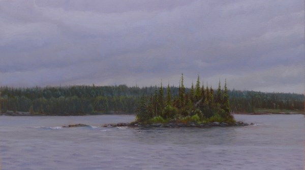 A painting shows a cloudy lake scene with a very small island in the middle of the water. Trees line the scene on the far side of the island