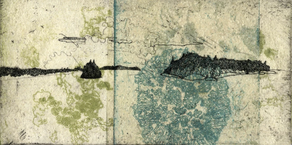 "Gem Island" by Jill AnnieMargaret Artwork shows black islands on a cream background, with blue and green lichen patterns overlaid