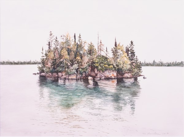 Artwork shows a small, rocky, tree-covered island surrounded by calm waters