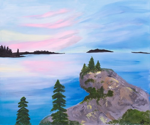 A painting shows a lake scene