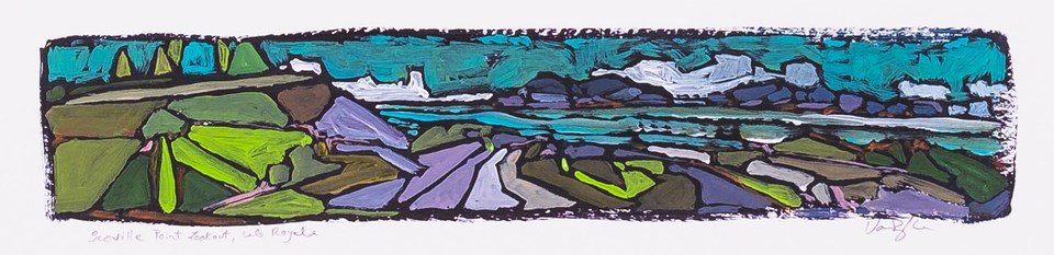 Abstract artwork shows colorful shapes making up a lake shore scene