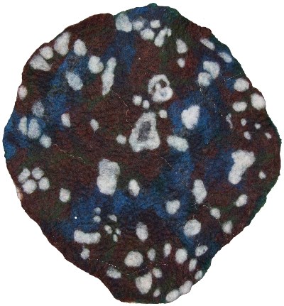 Wool artwork shows a circle with a dark red background, circular white spots, blue that looks like water, and a bit of green lines