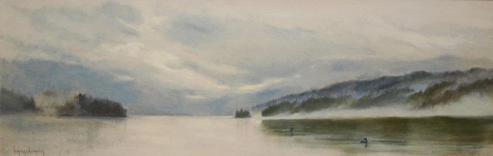 "Loons on Tobin Bay" by David Kapszukiewicz Artwork shows a cloudy lake scene with two loons floating on the water