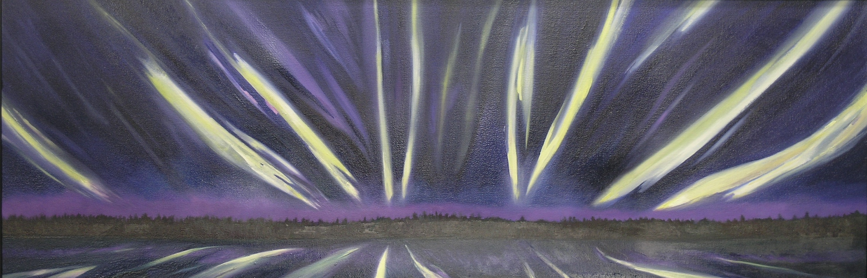 Painting of the northern lights over Isle Royale National Park by artist Jennifer Williams.