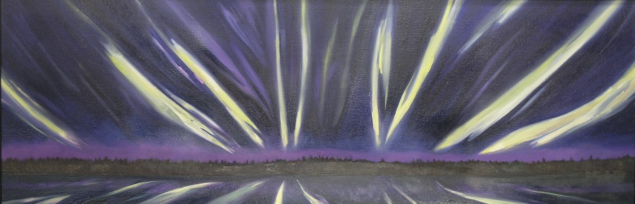 Painting of the northern lights over Isle Royale National Park.