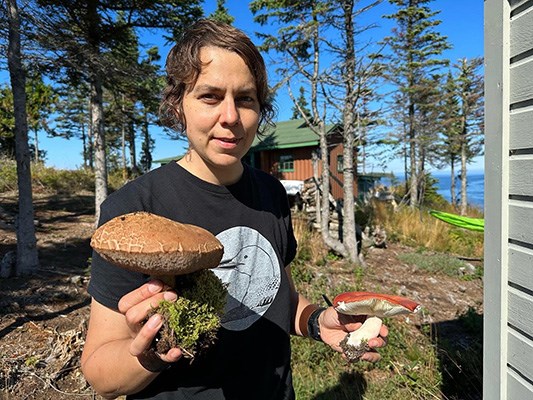 artist standing in front of a cabin and holding multiple fungi specimens in hands