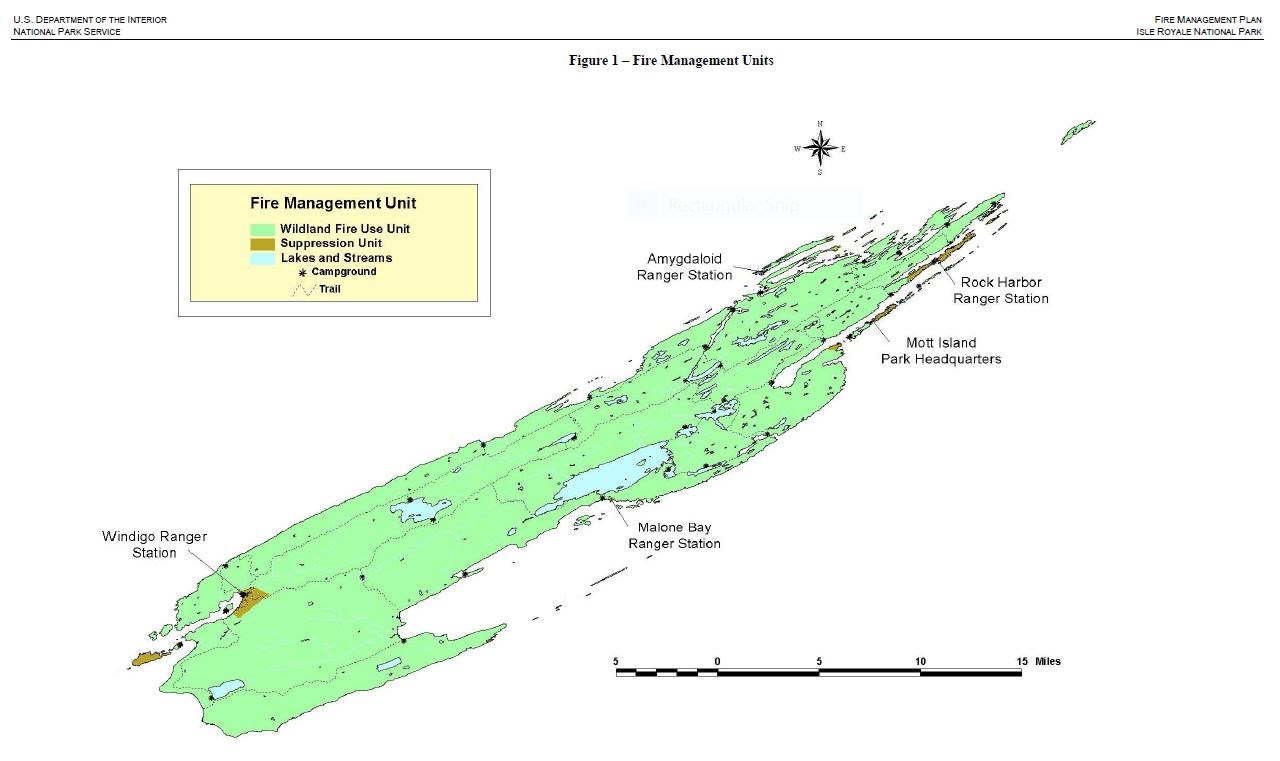 A map of Isle Royale showing Suppression Fire Management Units and Wildland Fire Use Fire Management Units.