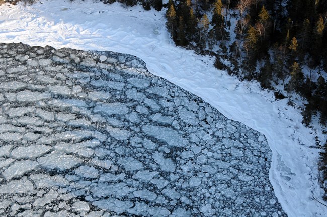 Many small ice flows float near a snowy Isle Royale shoreline.