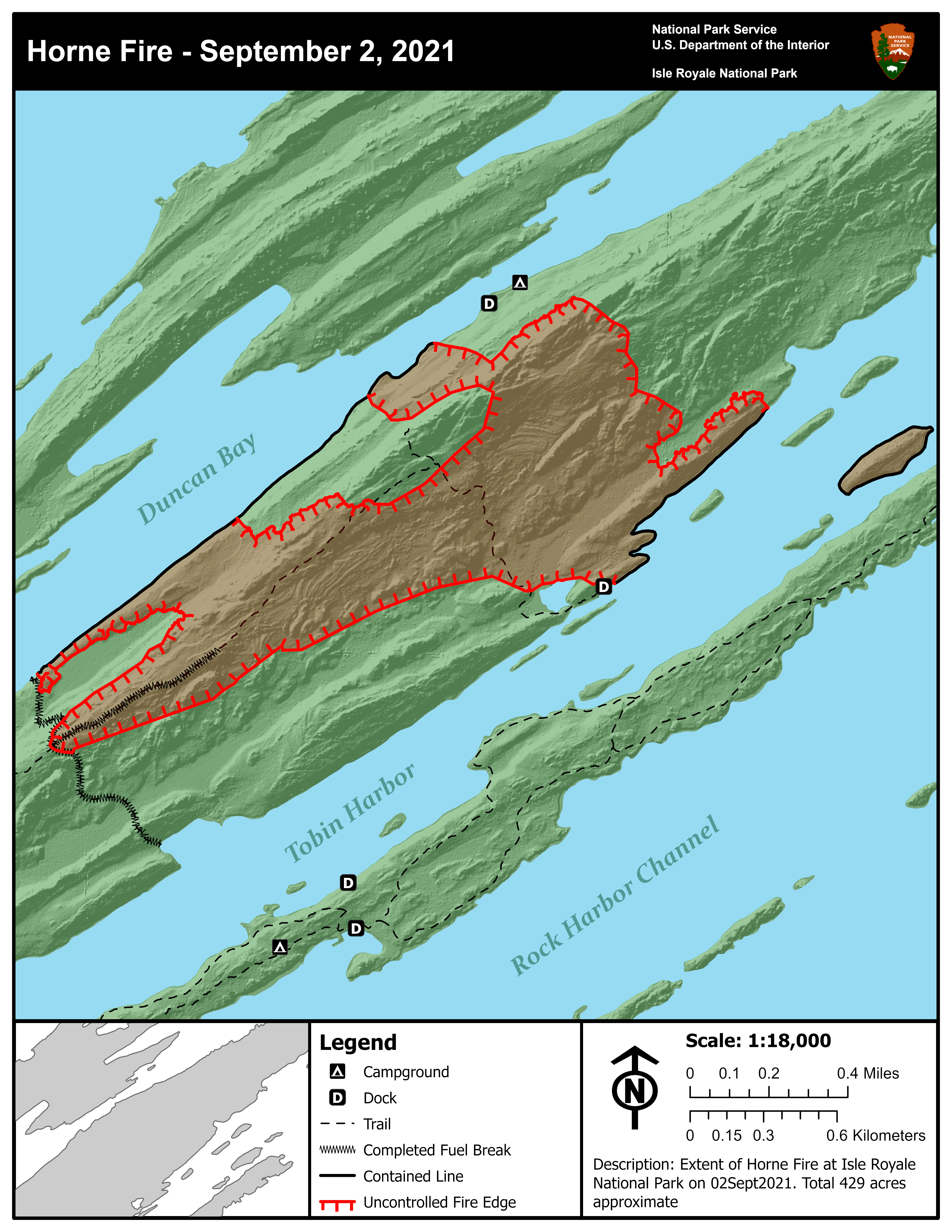 A map showing the Horne Fire area on Isle Royale's northeast end.