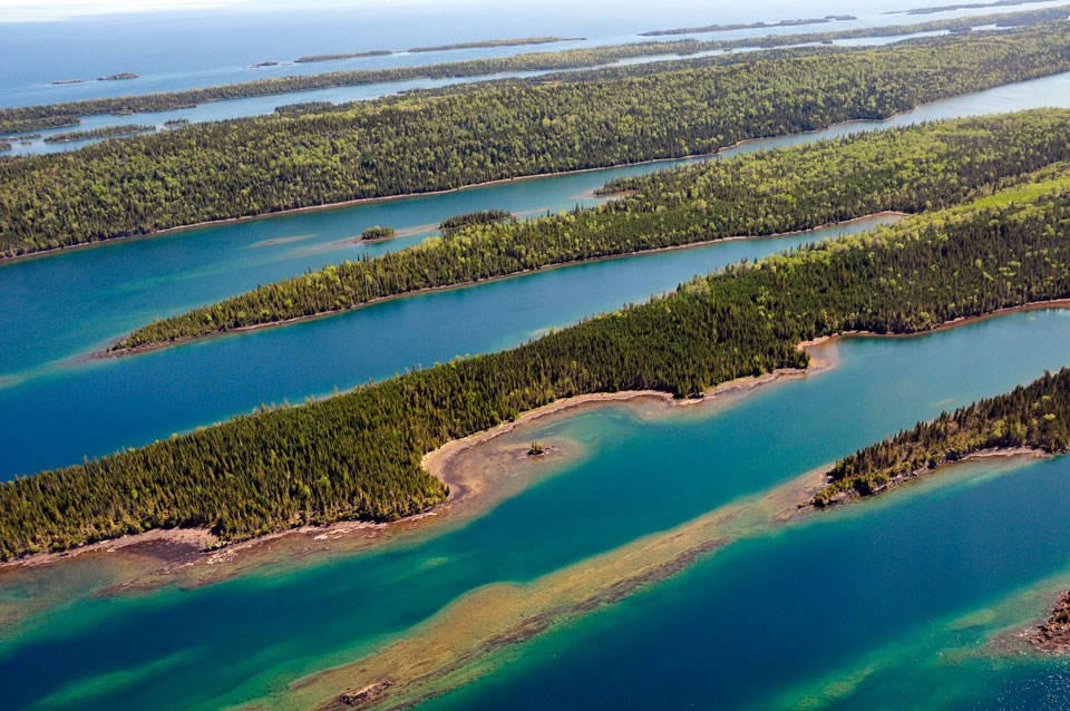 Aerial photo of Lock Point, Isle Royale, showing bays of Lake Superior and peninsulas of land.