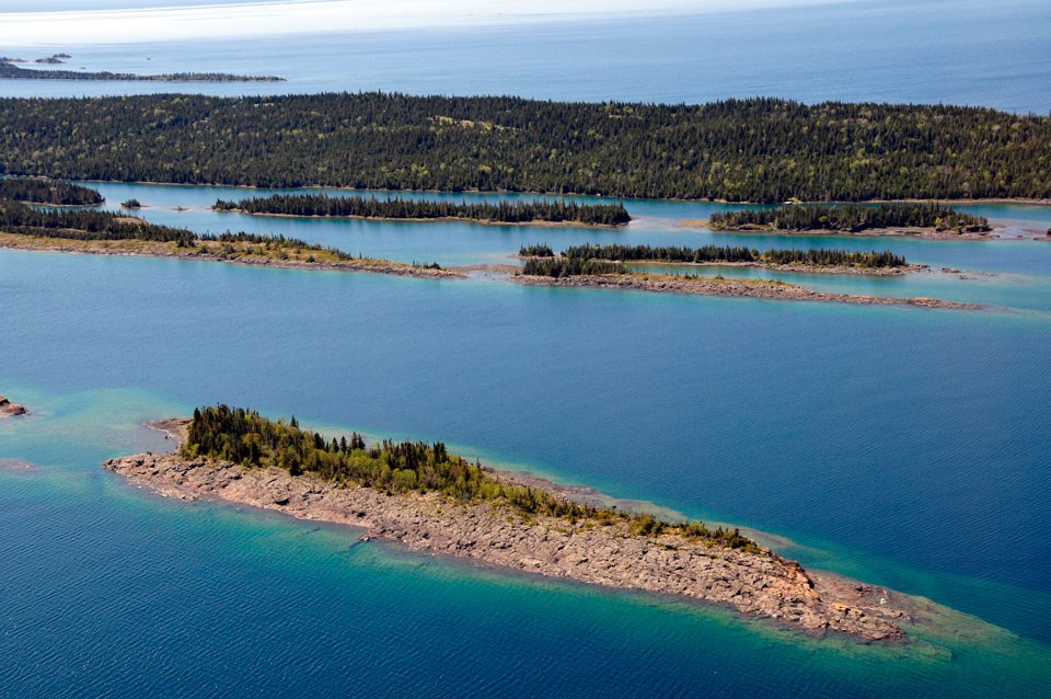 Aerial view of northeast Isle Royale and its many islands, peninsulas, and bays