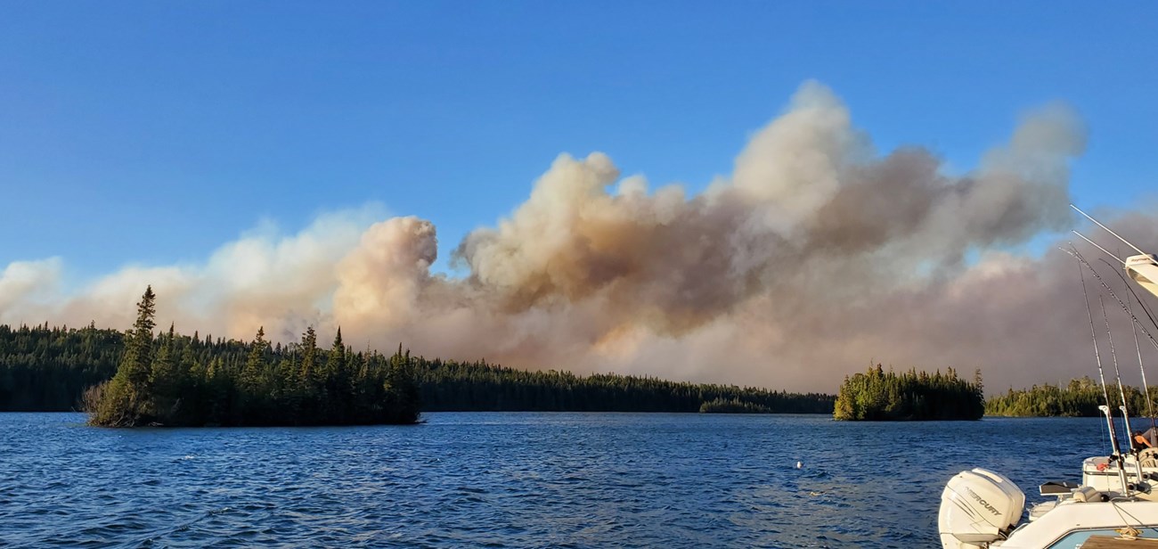 Brown smoke billows over an expansive treeline.