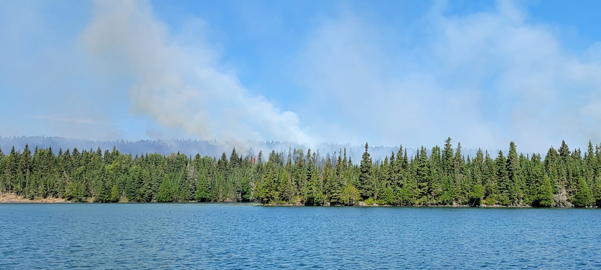 Wild Fire burns in a forest along a lake.