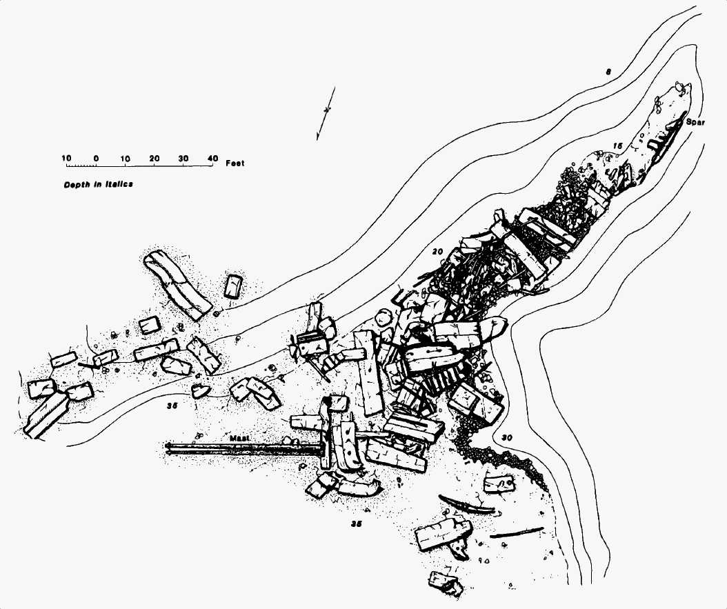 site map of the Algoma shipwreck displaying debris fields