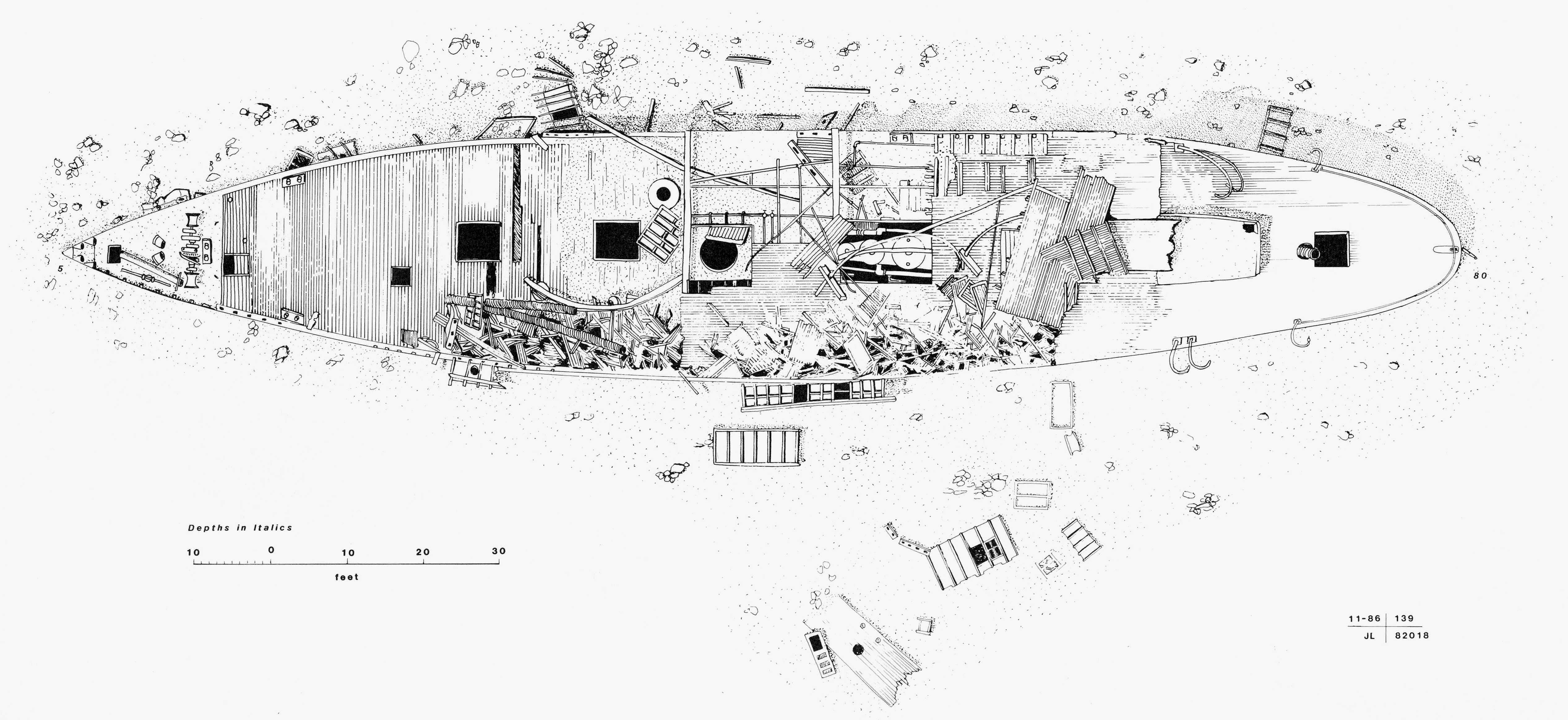 sketch of SS America wreck with top deck facing the perspective of the viewer