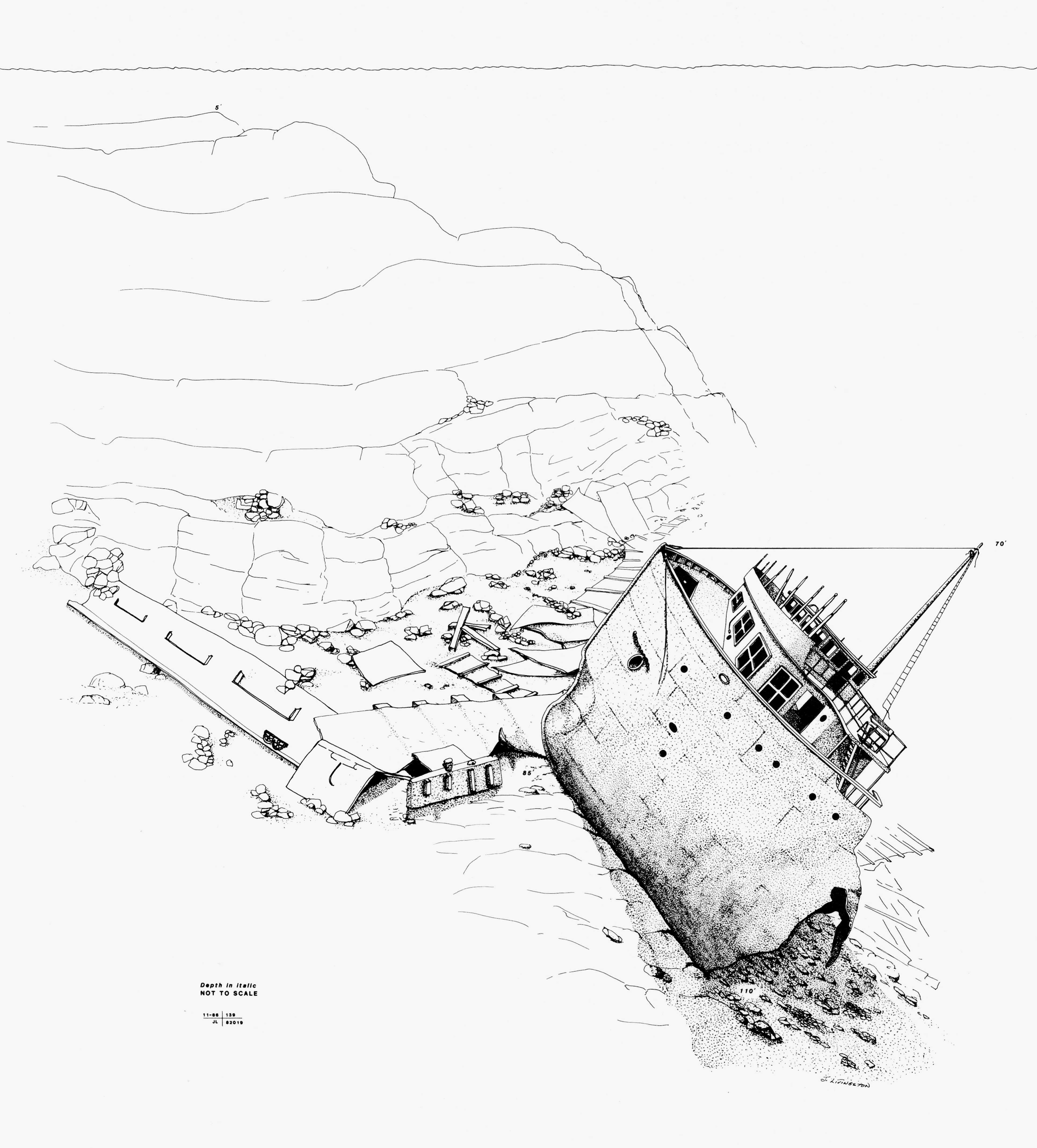 artist sketch of the SS Chester A. Congdon bow lying on the lakebed beside Canoe Rocks