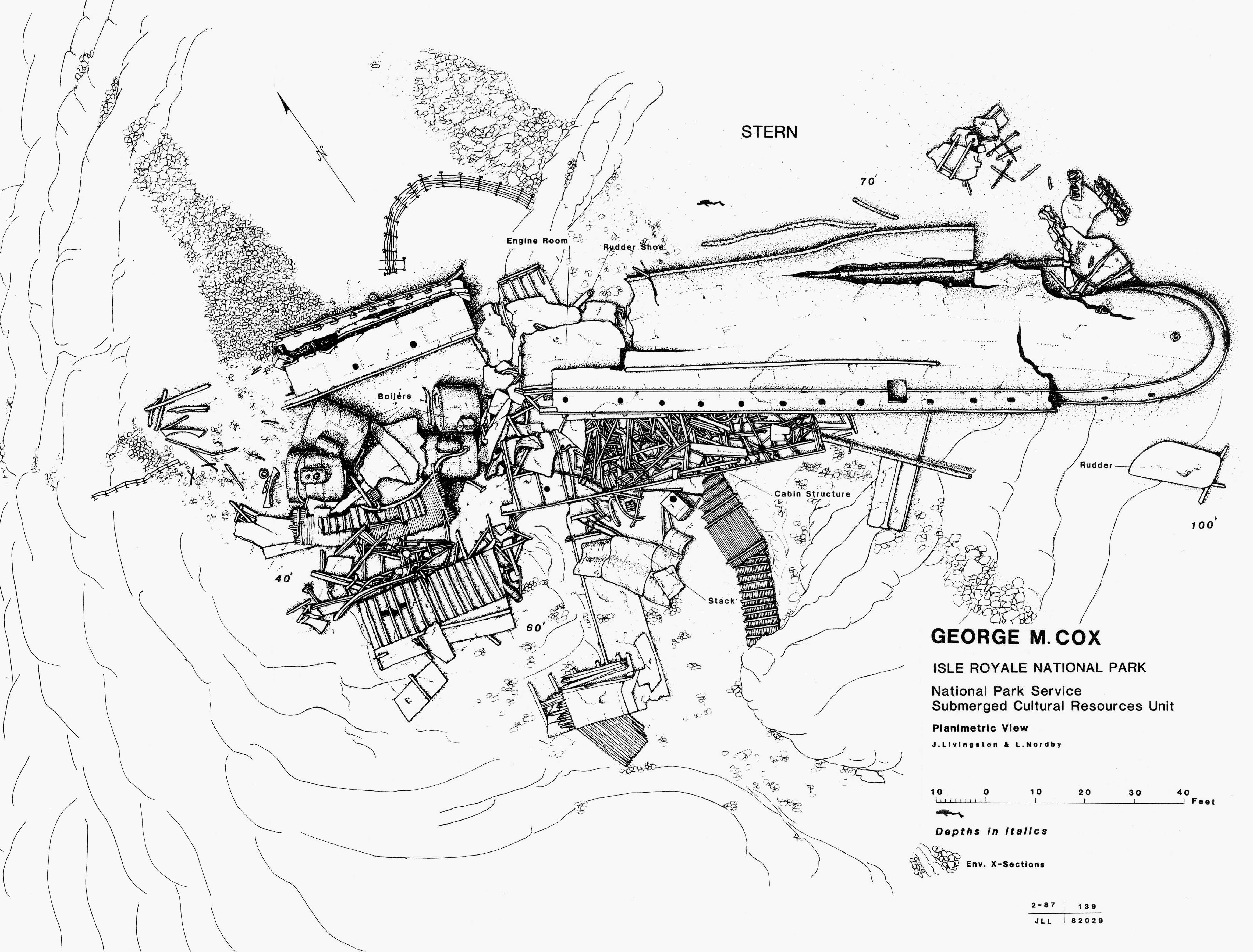 sketch of the SS George M Cox, resting in two sections on the lake floor