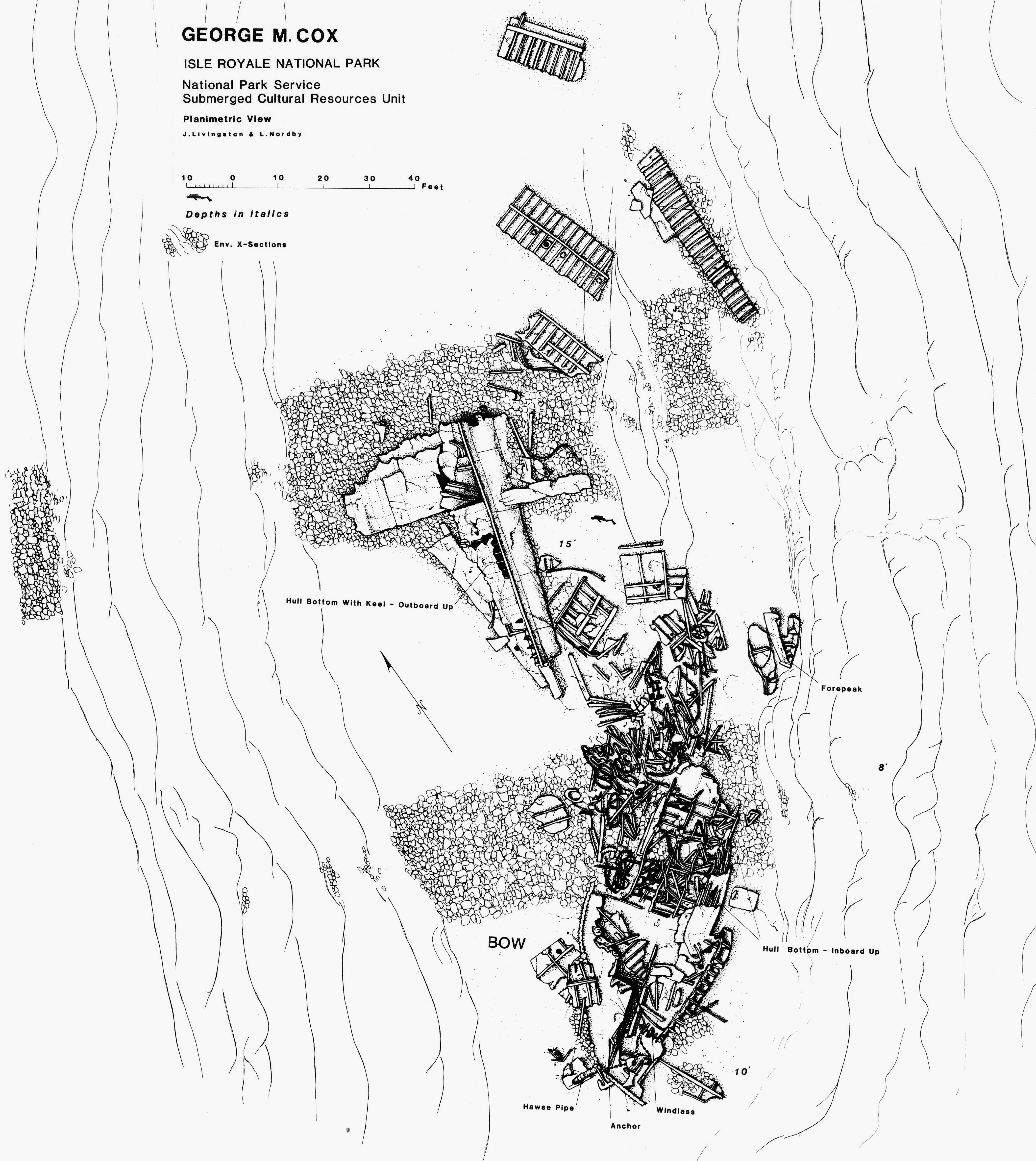 sketch of the SS George M Cox, resting in two sections on the lake floor