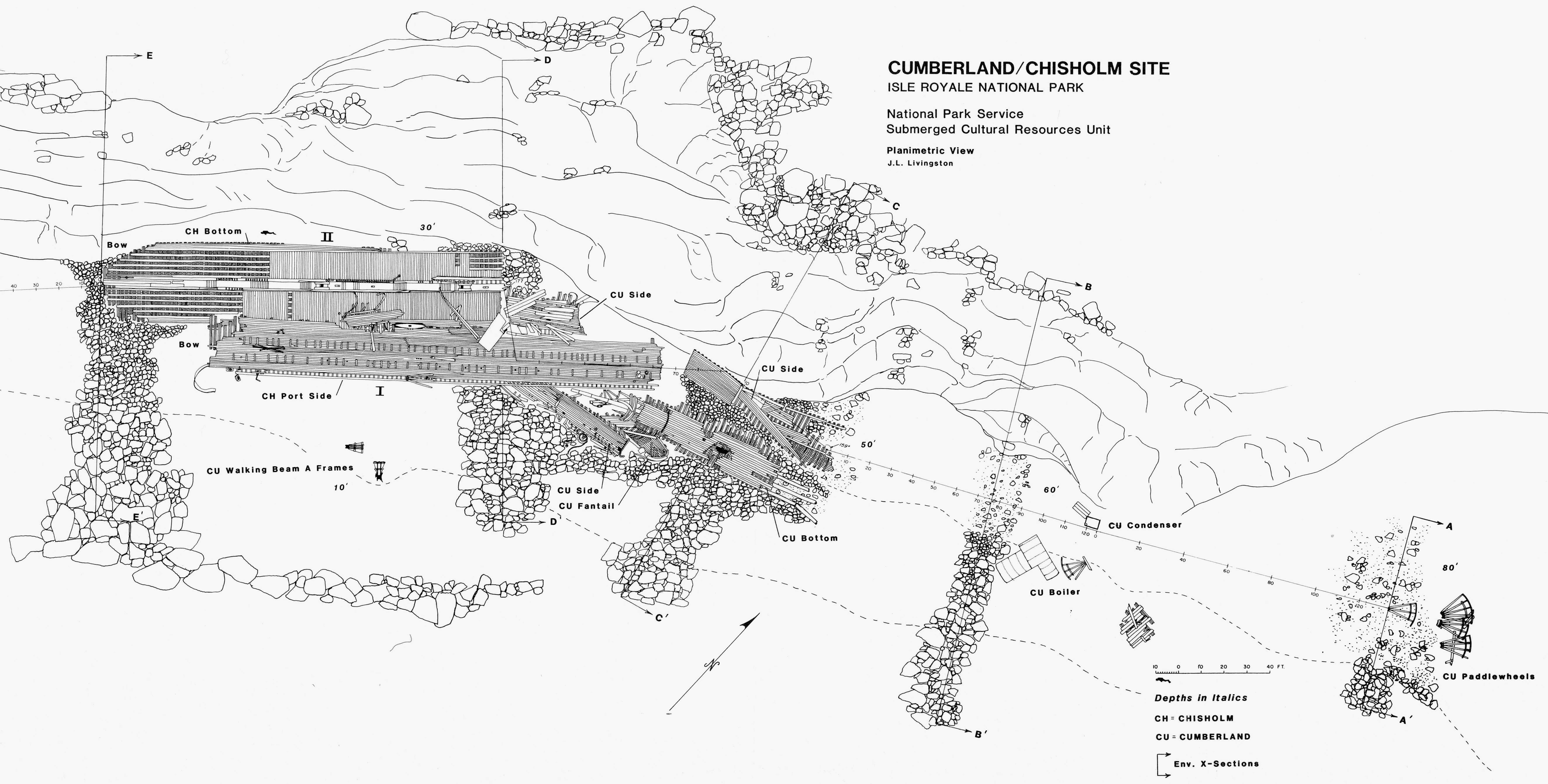 east side underwater artist sketch of the Cumberland and Chisholm shipwreck site