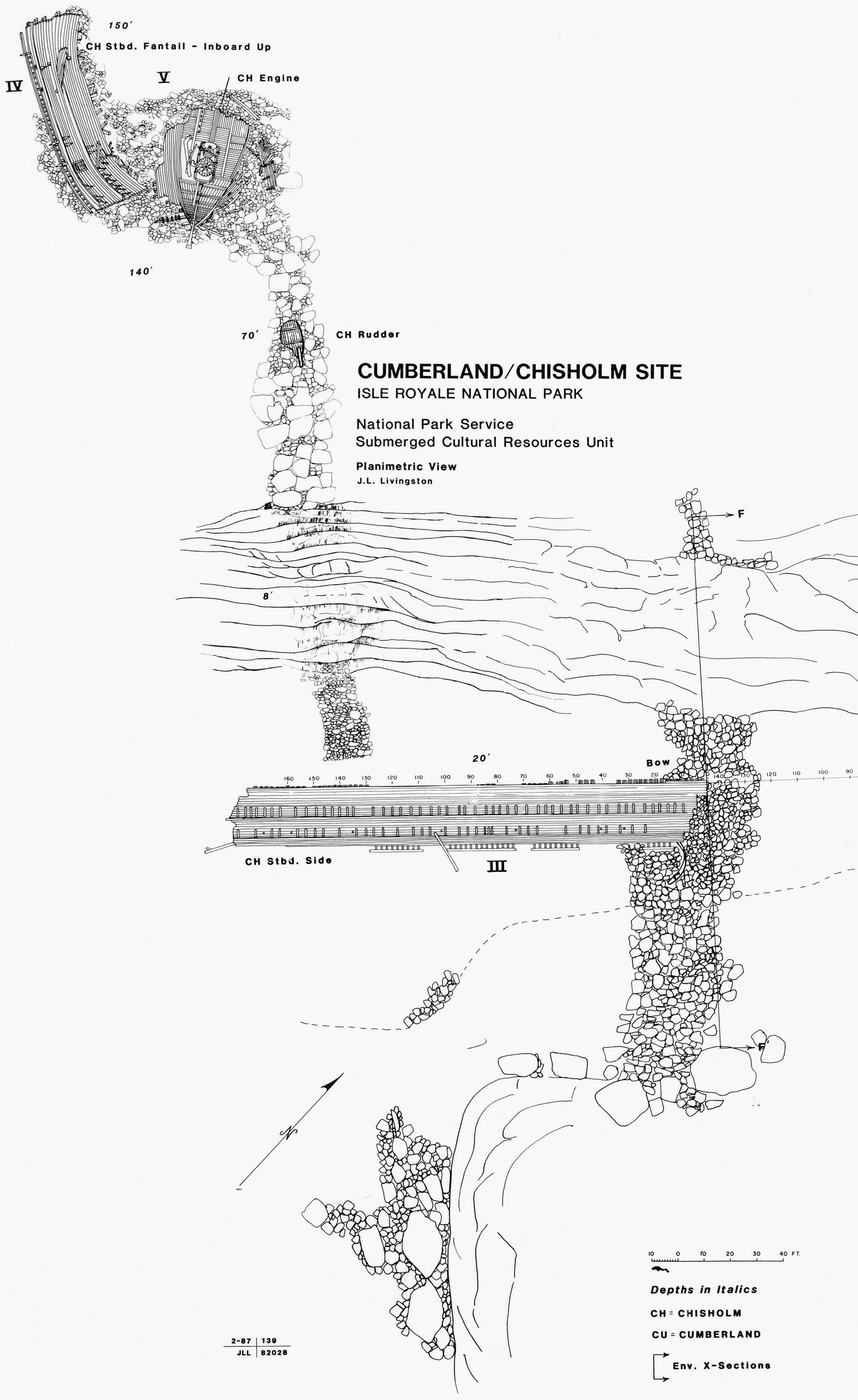 west side underwater artist sketch of the Cumberland and Chisholm shipwreck site