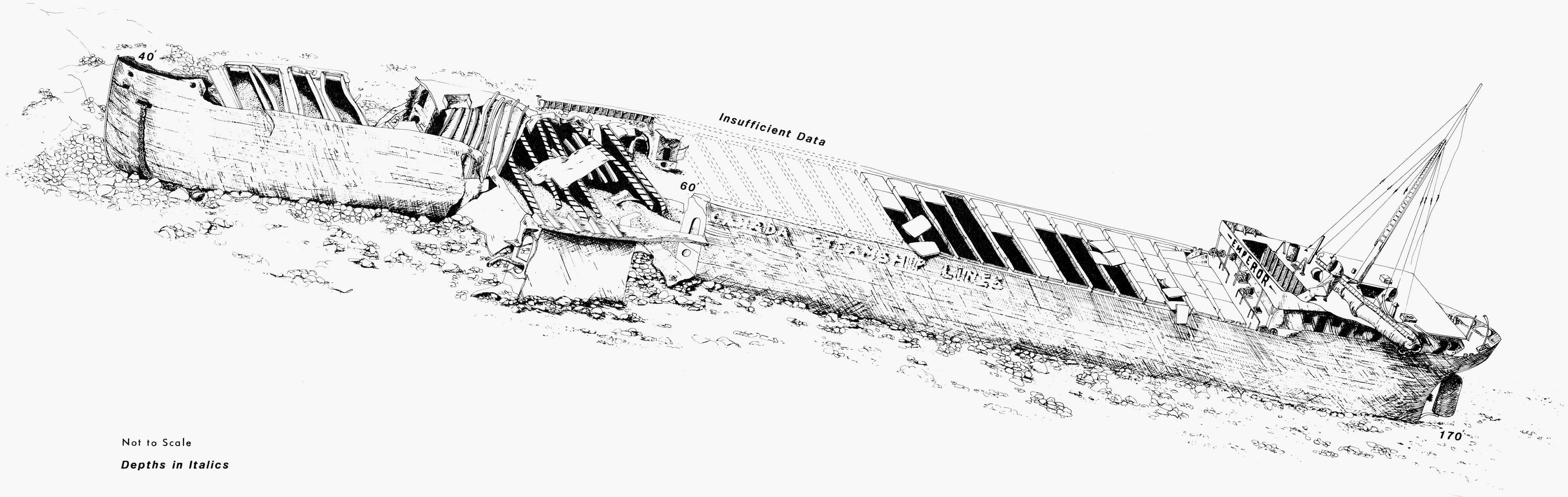 artist sketch of the SS Emperor shipwreck on lake bottom at Canoe Rocks