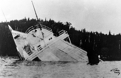 view of the top deck of the SS America as ship is sinking into North Gap