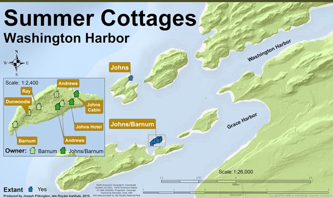 map depicting Washington Harbor cottages, most all situated on Barnum Island, one located on Johns Island