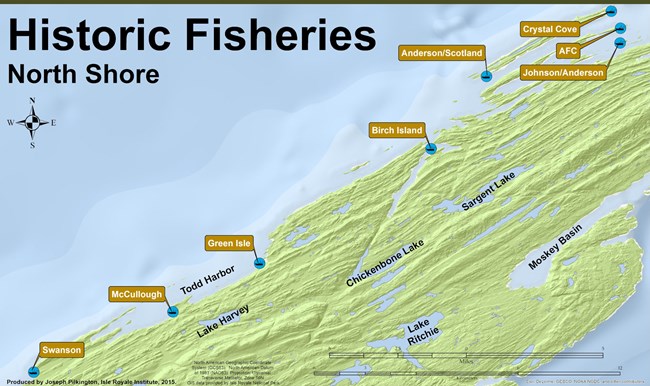 map displaying location of fisheries in the North Shore section of Isle Royale