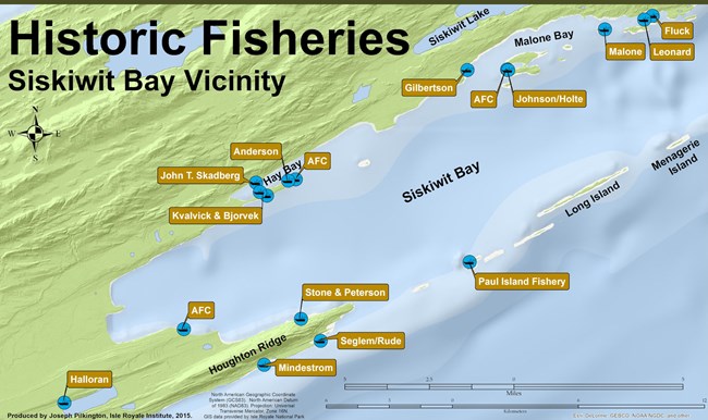 map displaying location of fisheries in the Siskiwit Bay section of Isle Royale