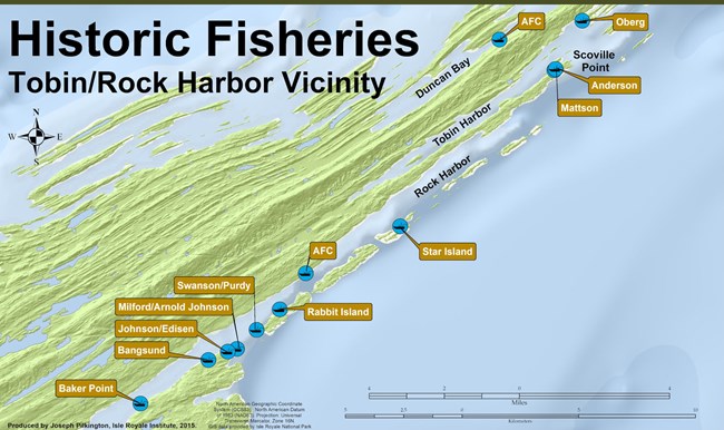 map displaying location of fisheries in the Rock Harbor and Tobin Harbor sections of Isle Royale