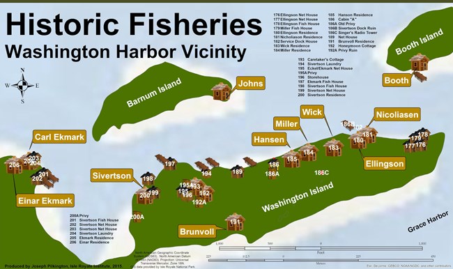 map displaying location of fishing structures on Barnum Island and surrounding islands