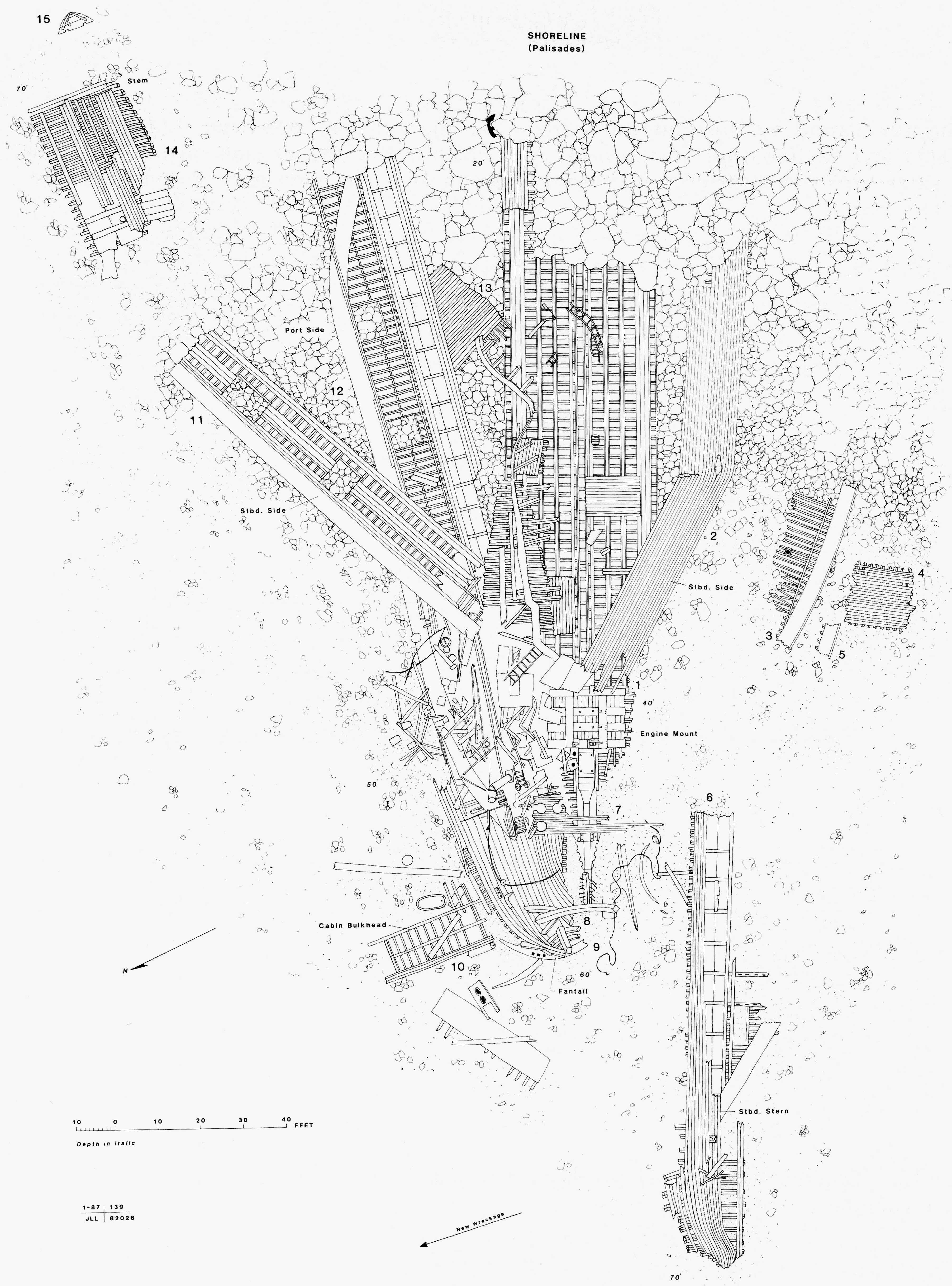 sketch of the SS Monarch shipwreck displaying the wreckage on the lake bottom and its proximity to the rocky island shoreline