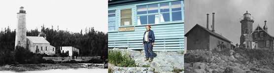 Photo Collage: Right Photo: historic Rock Harbor Lighthouse image, Center Photo: Elizabeth Kemmer standing in front of a cabin, Left Photo:  Historic Passage Island Lighthouse image