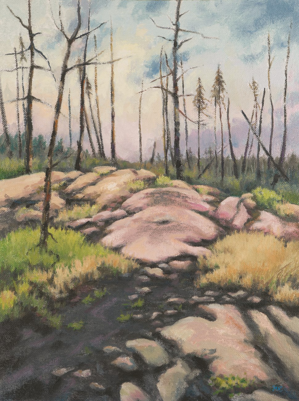 An oil painting of a burnt trail winding through a burnt forest with some new green undergrowth.