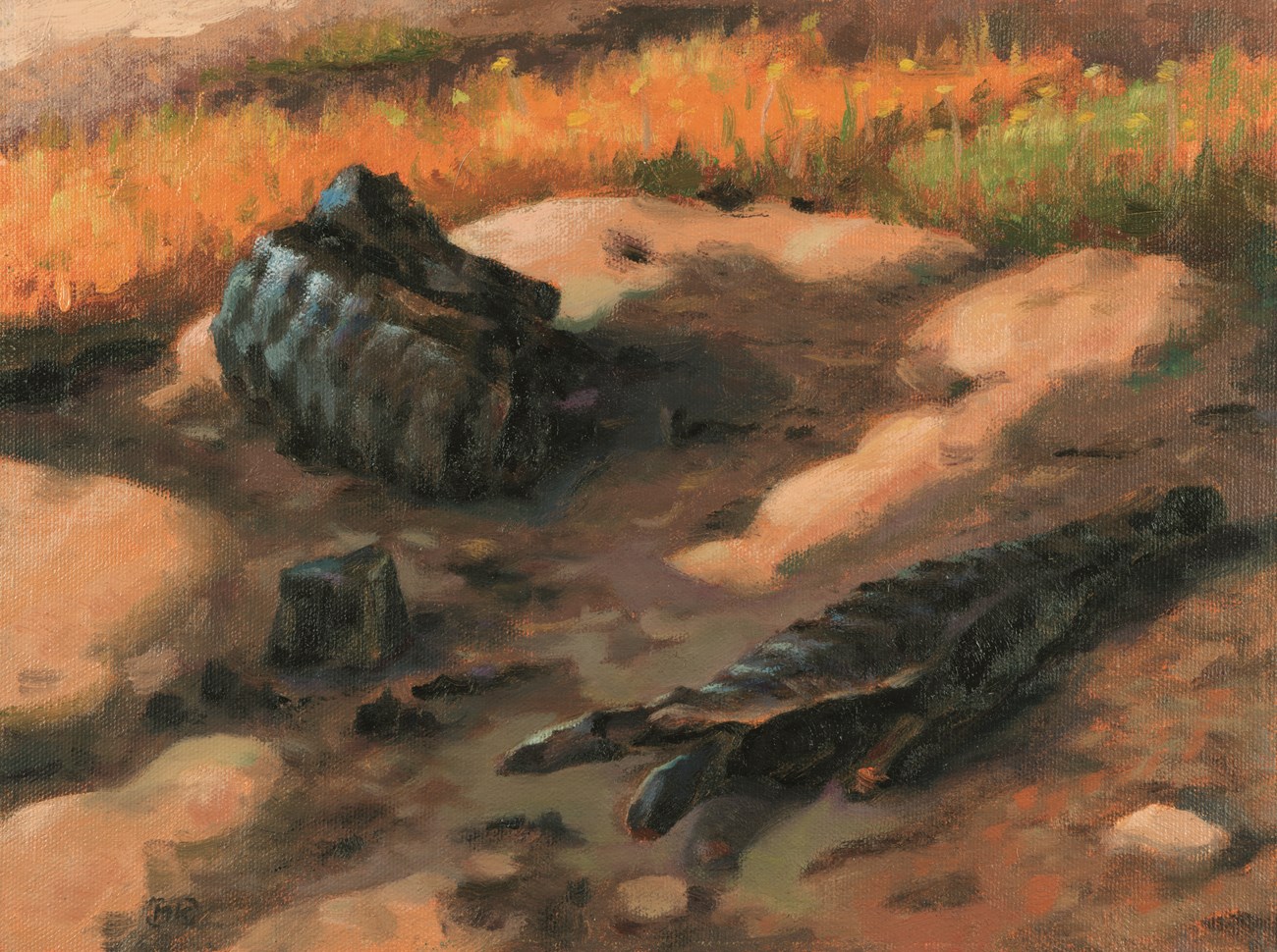 An oil painting of two torched logs laying on the ground.