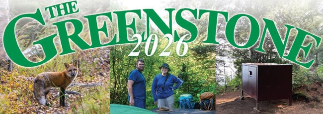 A header reading "The Greenstone 2026" surrounded by three images of a fox, a food storage locker, and two campers.