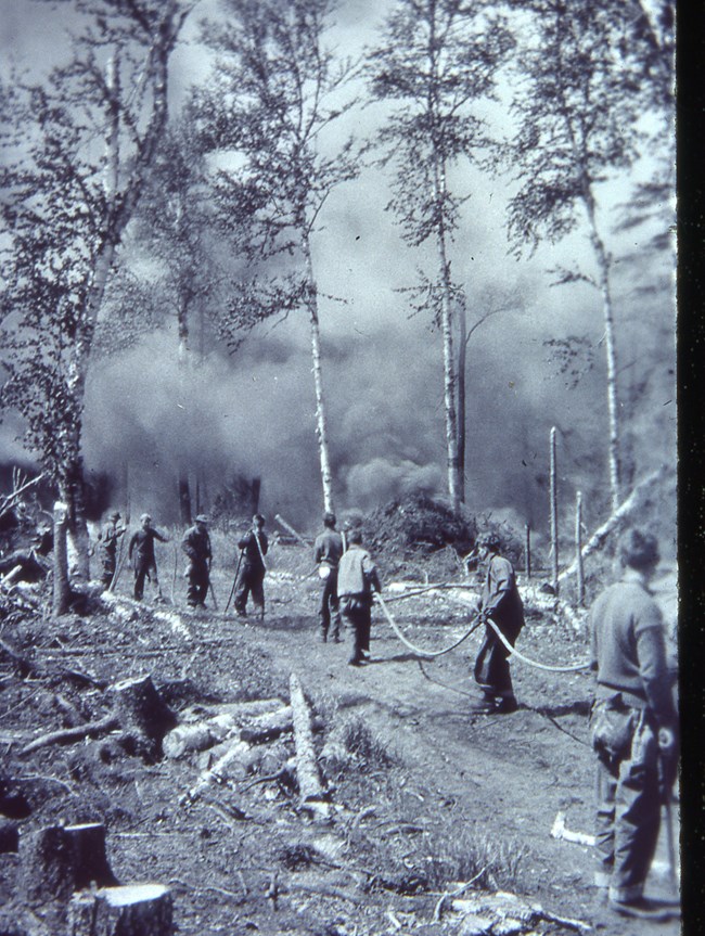 A black and white photo of firefighters working to contain a fire with a fire line and a fire hose.