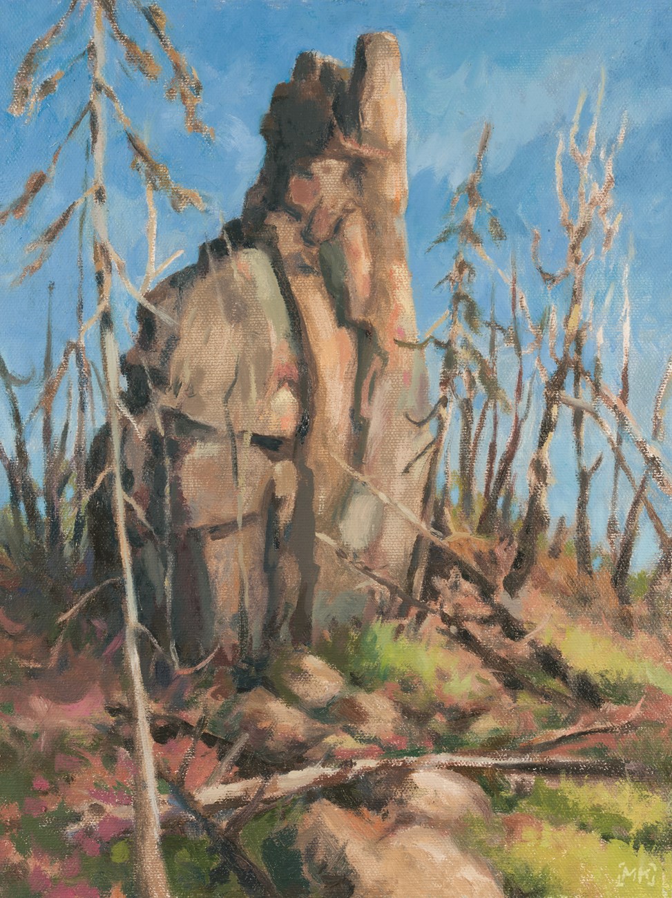 An oil painting of a large boulder in a forest.