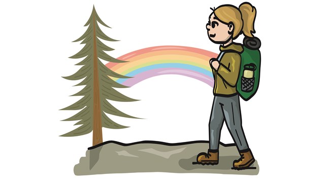 A cartoon of a girl hiking with a rainbow in the background.