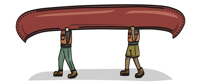 A cartoon of two people carrying a canoe over their heads.
