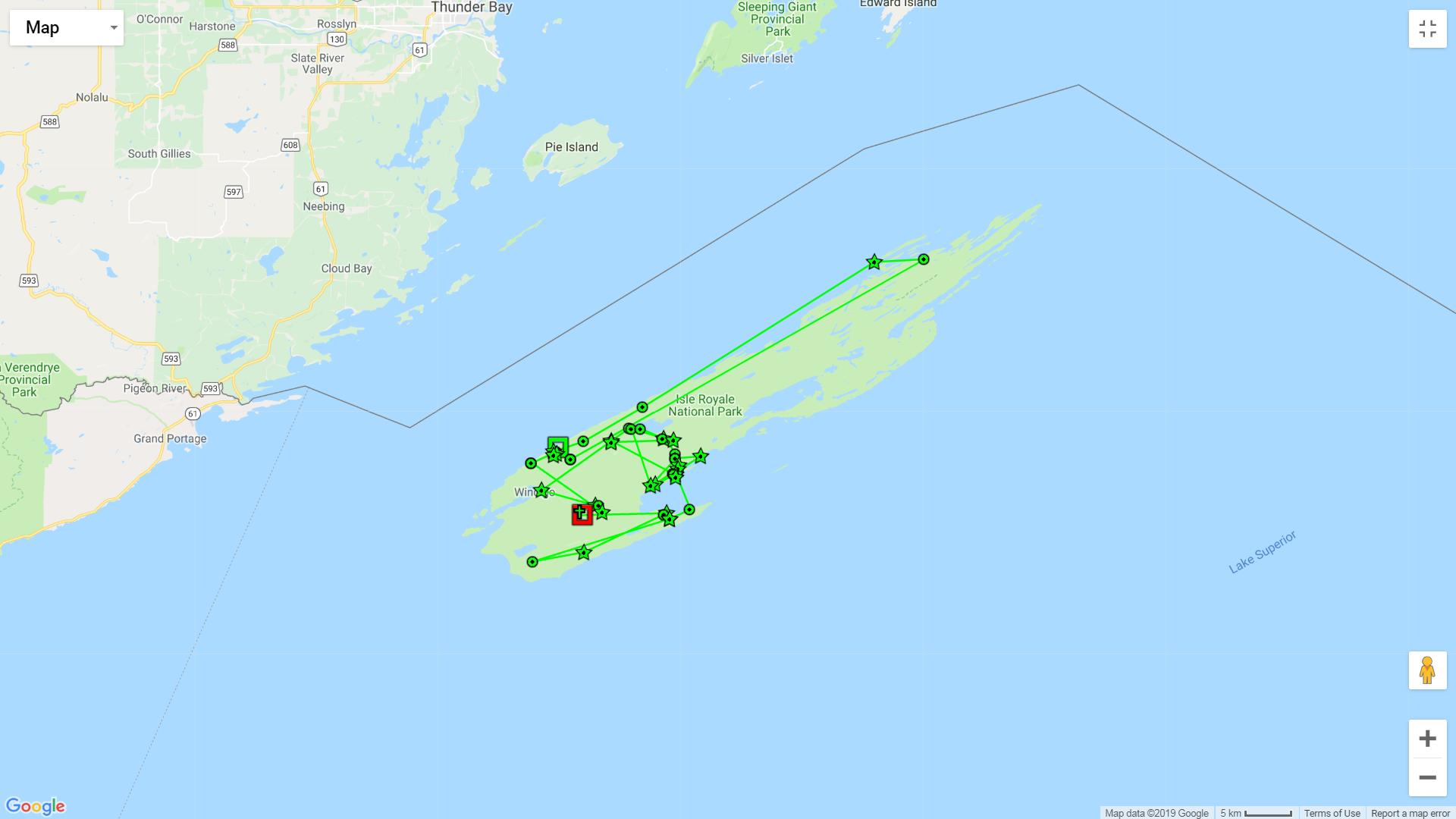 Isle Royale Map showing GPS locations of W006M