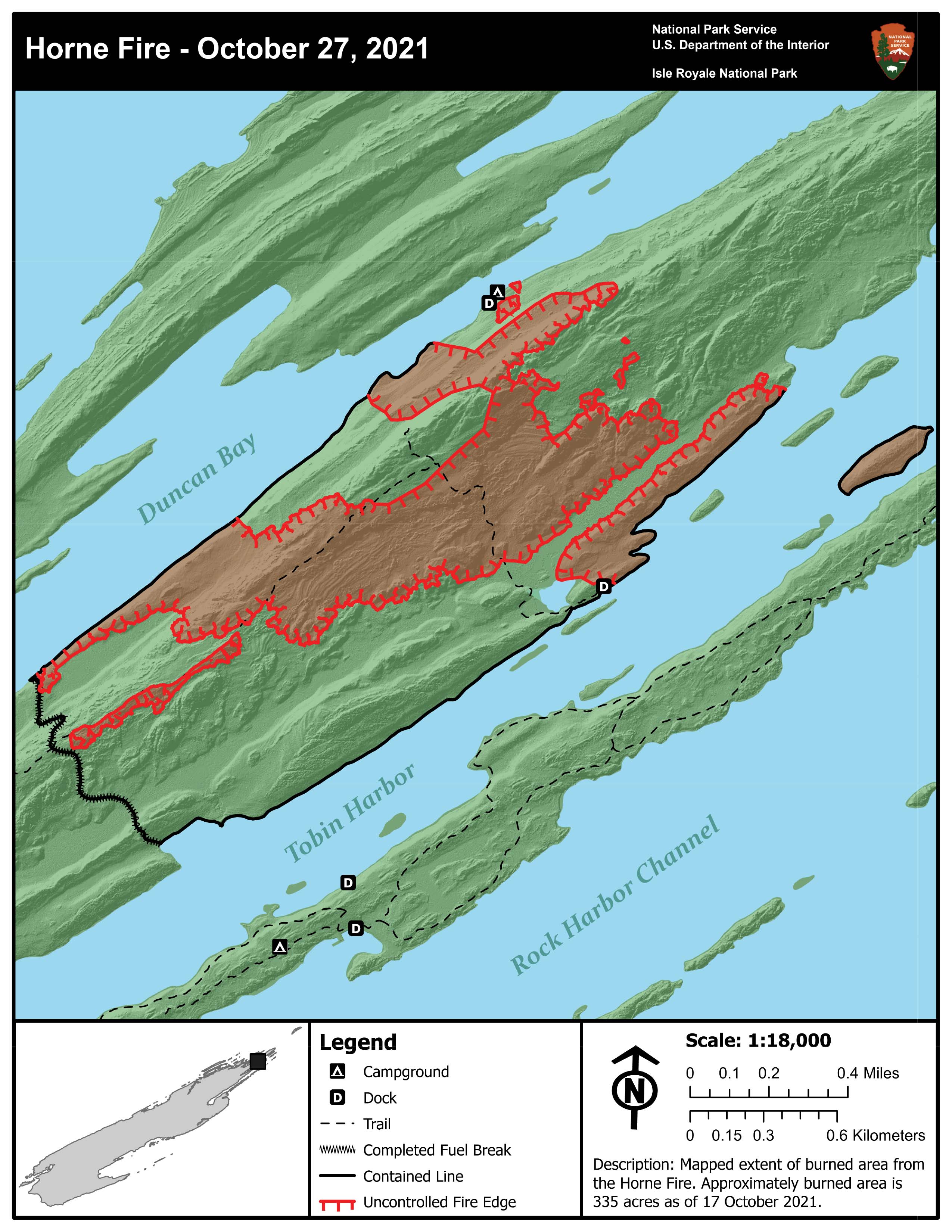 Map of northeastern Isle Royale showing the extent of the Horne Fire. The Fire boundary is marked in red. The fire is mainly bounded by Tobin Harbor on the southeast and Duncan Bay on the northwest.